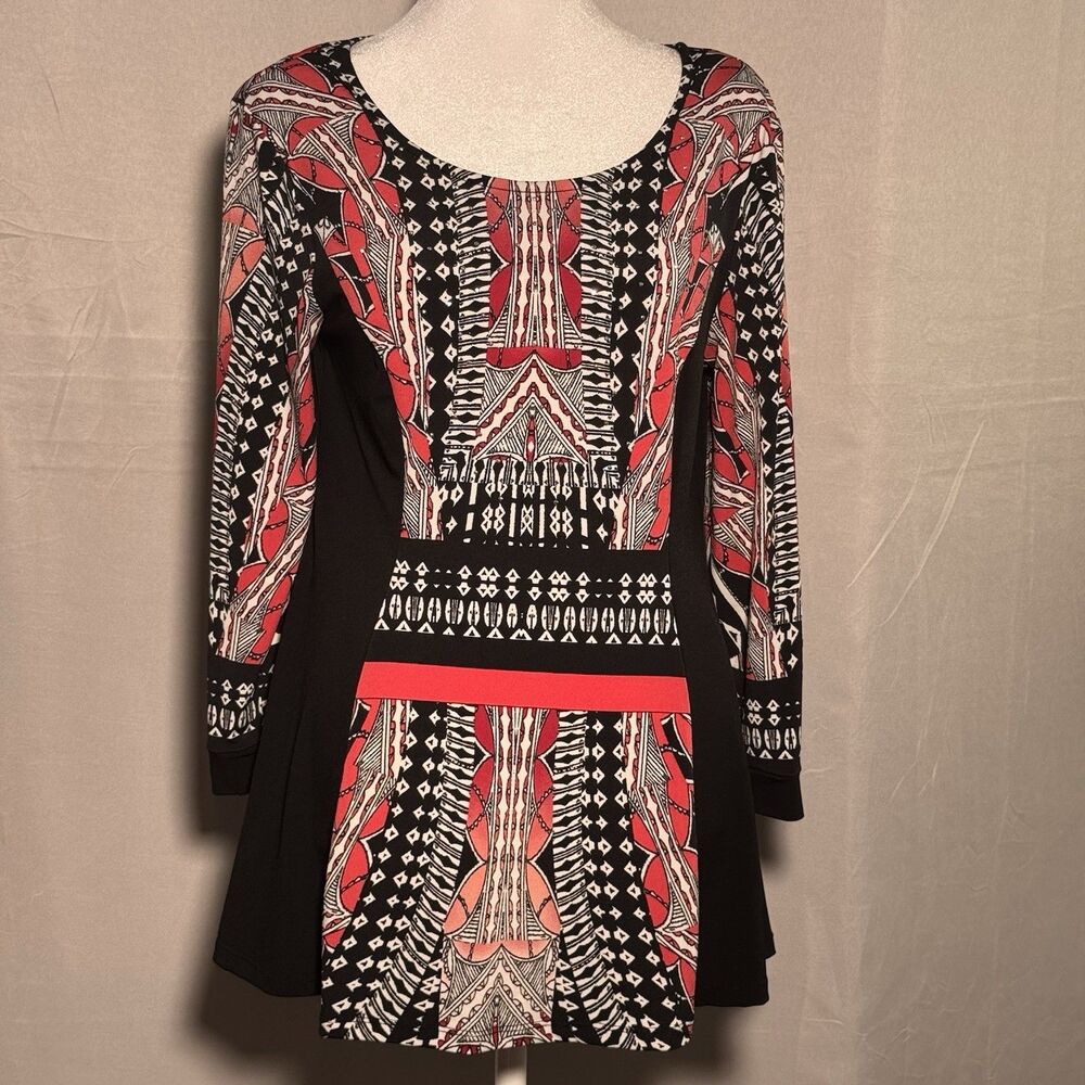 Style & Co Womens S Tunic Top Black Red Geometric Print High Low Long Sleeve